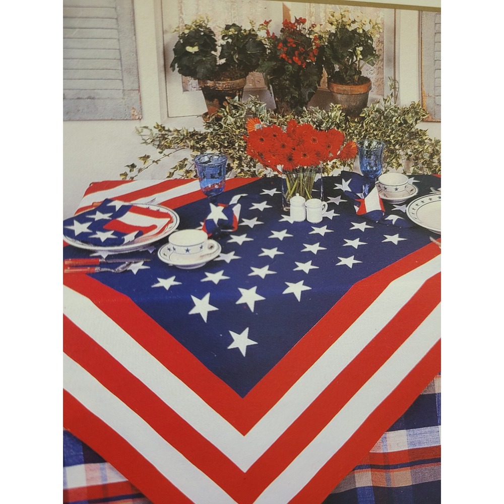 Bardwil Linens Red White Blue Stars Stripes Rectangle Tablecloth 84X58 Patriotic - Picture 2 of 6